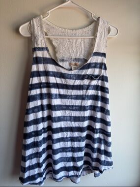 Route 66 Blue White Striped Lace Back Tank Top XL Boho